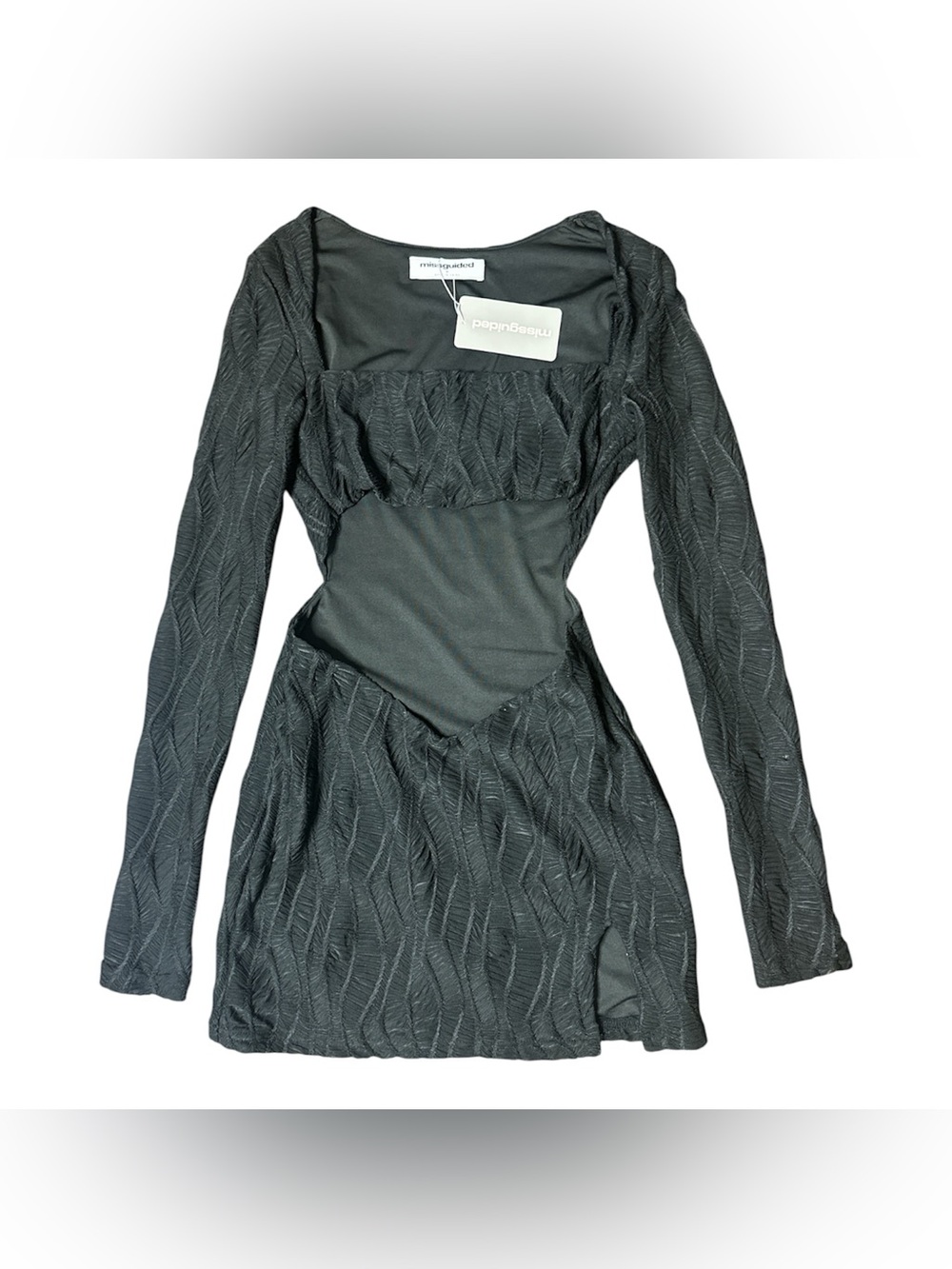 Missguided Black Long Sleeve Cutout Mini Dress with Textured Knit